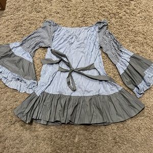 NWOT 1st Sight Blue White Stripe Medium Women's Ruffle Dress Top